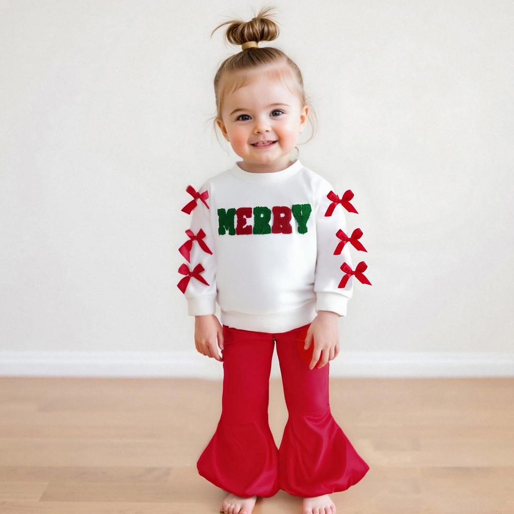 European and American Girls' Christmas Embroidery Bow Sweatshirt and Flare Pants Set