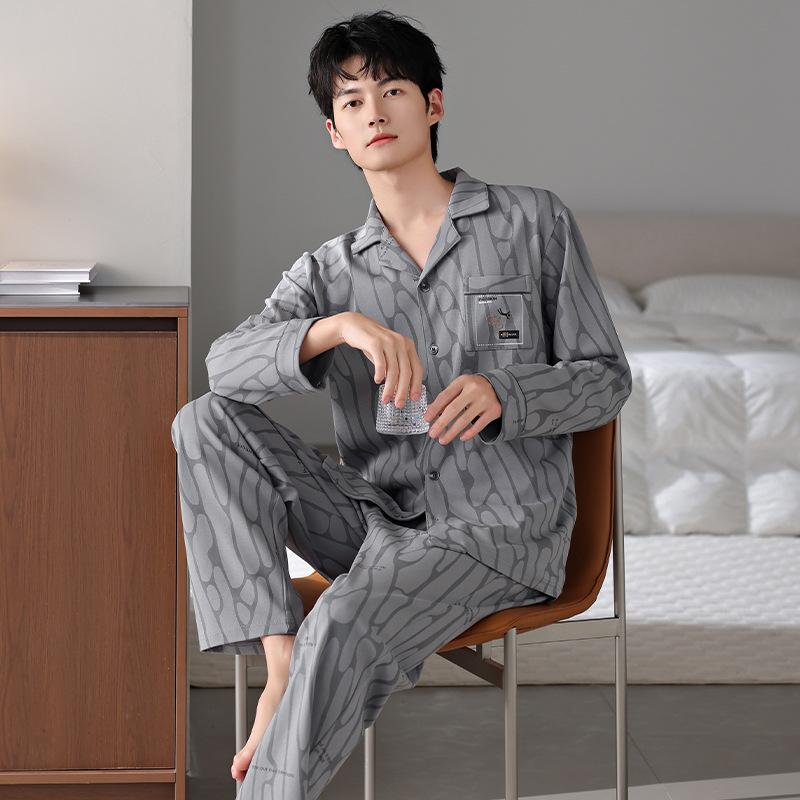 Pajamas Men'S Spring And Autumn Pure Cotton Long-Sleeved Men'S Autumn And Winter Can Be Worn Outside Men'S Autumn Large-Size Loungewear Suit
