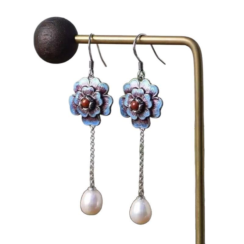 Винтажные серьги с кисточками и пионами, элегантные серьги в стиле Ханьфу One Size синий