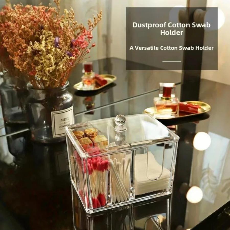 Portable Two-In-One Swab Storage Box Transparent Dustproof with Lid Desktop Makeup Sealed Drawer Style Organizer Only Box)