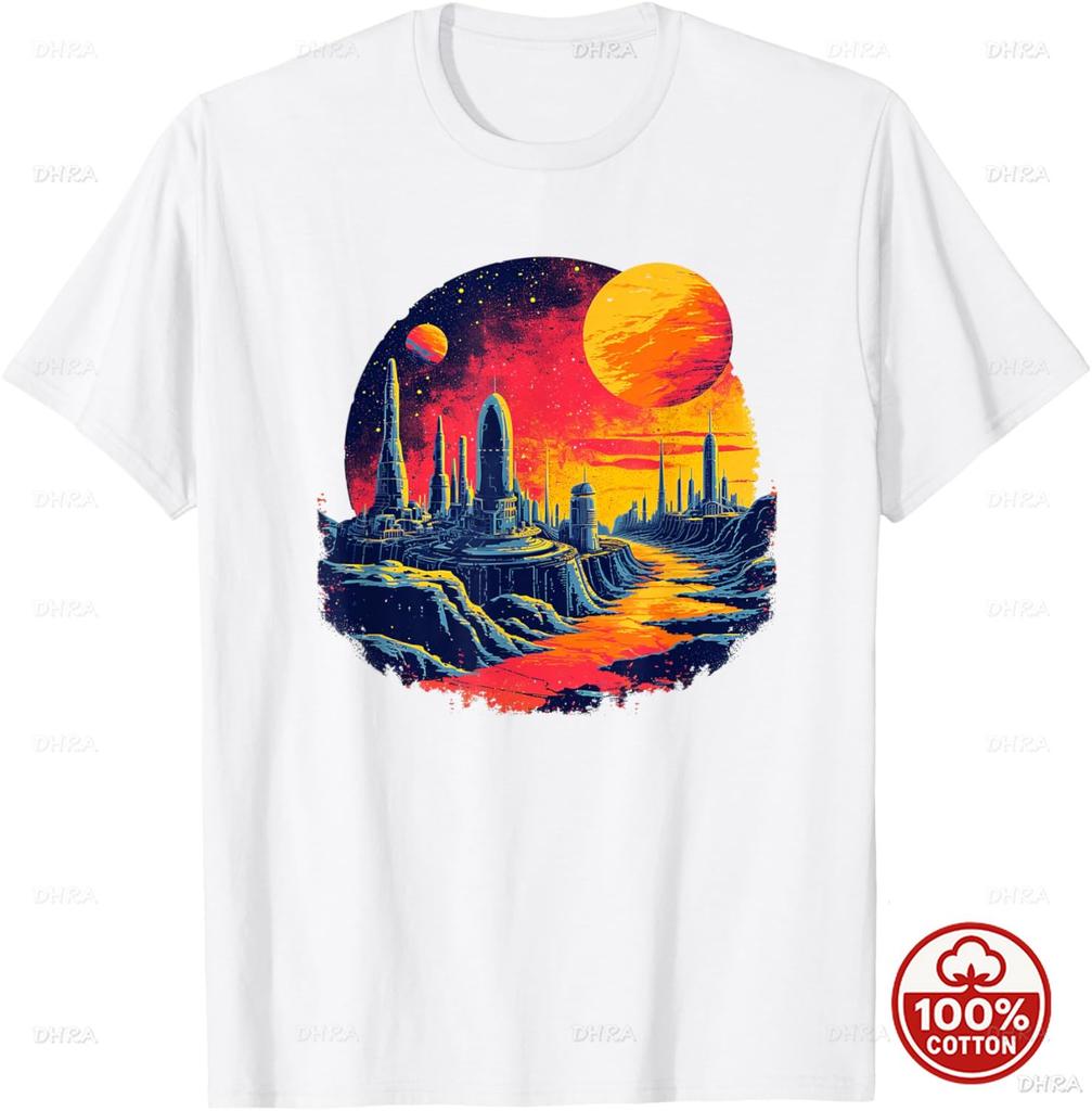 Retro Space Colony Science Fiction Unisex Cotton TShirt Custom Printed Graphic TShirts Casual Harajuku Y2k Short Sleeve Camisas