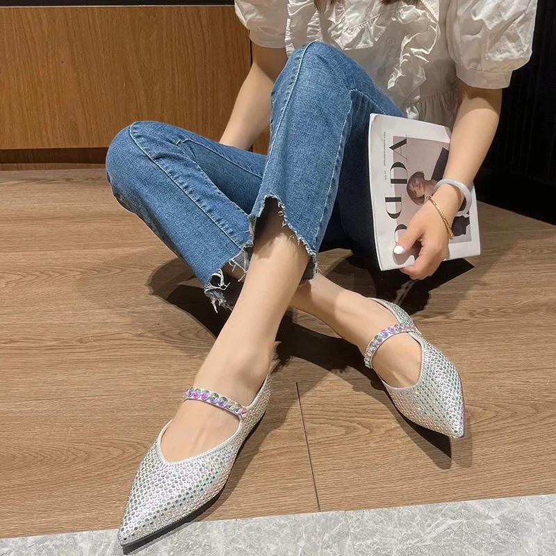 Brand New Women Flat Shoes Fashion Bling Rhinestone Pointed Toe Mary Jane Shoes Girl Slip-on Loafers Big Size