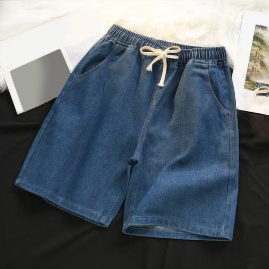 Pantaloni Scurți Denim Bărbați Talie Elastică Șnur Picior Drept Larg Pantaloni Scurți de Vară Culoare Solidă