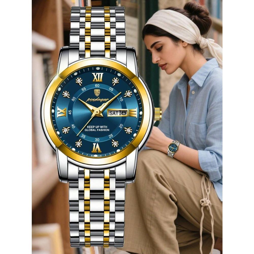 POEDAGAR Damen Edelstahl Dail Elegante Wasserdichte Leuchtende Quarz Datum Armbanduhren, Modische Damenuhr