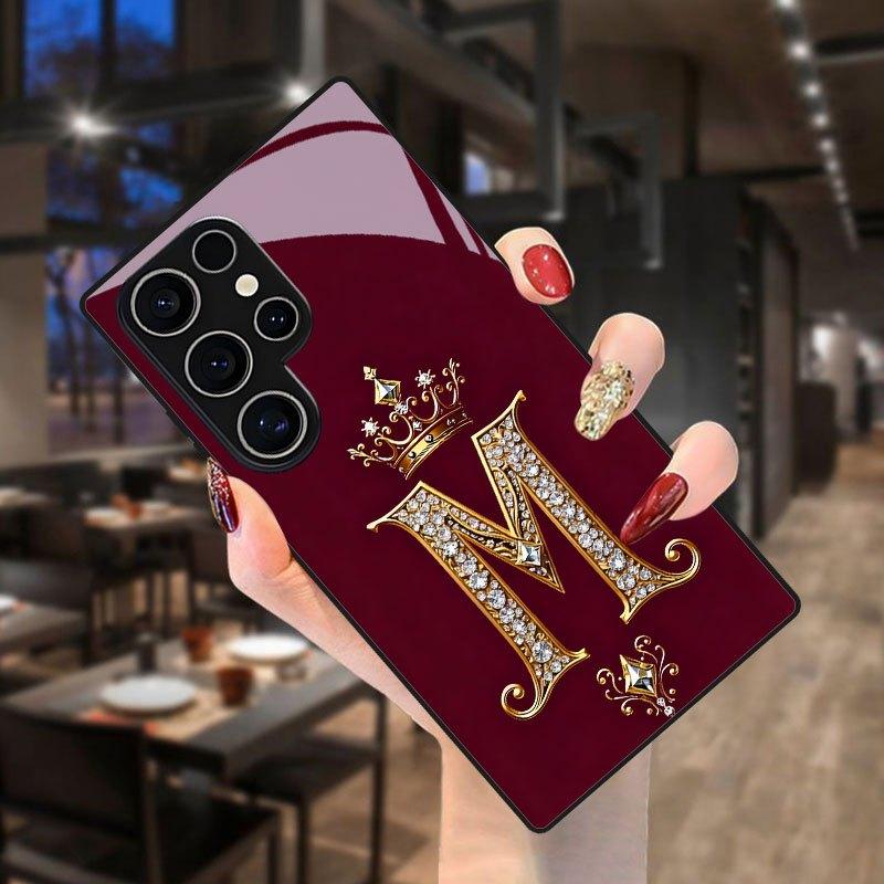 Goldene Krone Buchstabe M Muster Glas Handyhülle für Samsung galaxy S26 S25 S24 S23 S22 S21 S20 FE Ultra Plus 5G sturzsichere Rückabdeckung