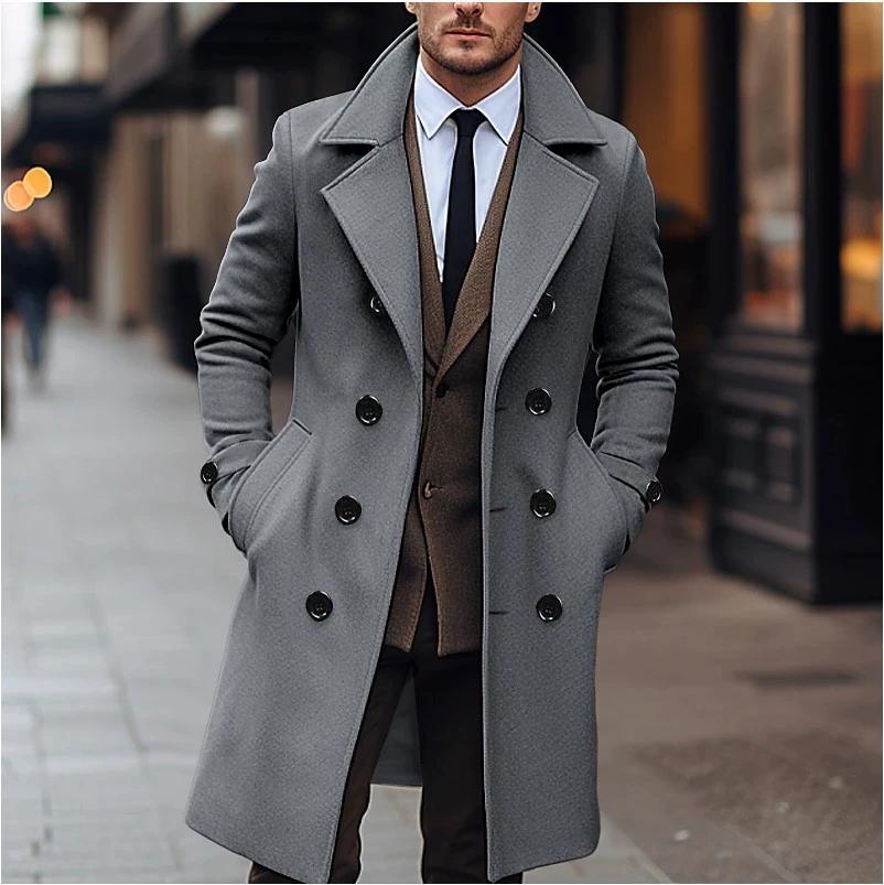 Men's Fashion Solid Color Woolen Coat Korean Version Double Breasted Mid Length Woolen Windbreaker Jacket