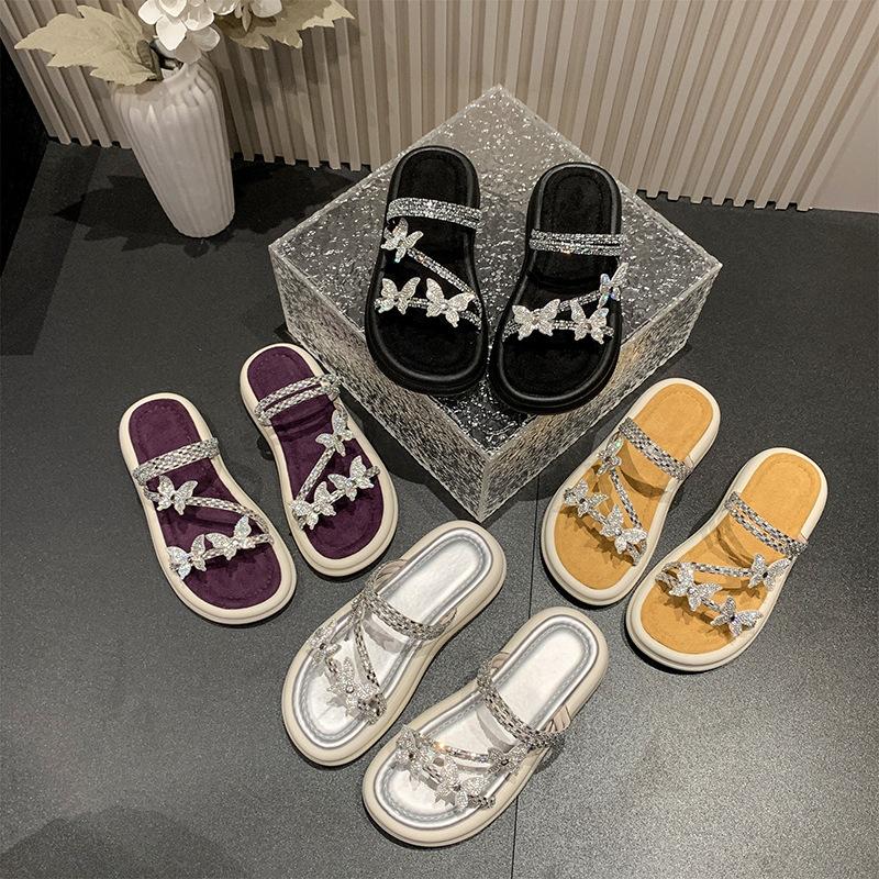 Bow Thick Bottom Cover Toe Cool Slippers Women's Outer Wear 2025 Summer New Fashion Muffin Rhinestone Slippers