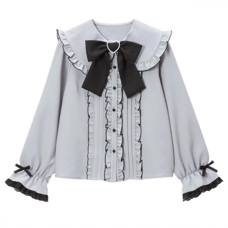 Cross-Border Europe Cute Versatile Japanese Style Bow Long Sleeve Ruffle Shirt for Women