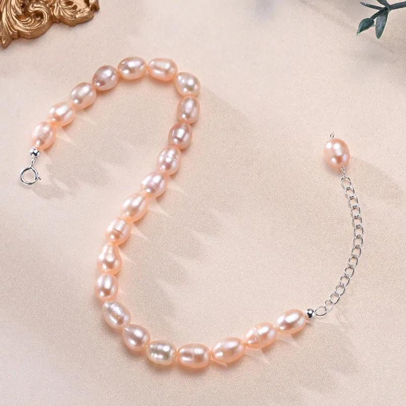 HENGSHENG Fashion 6-7mm Rice Shape Freshwater Pink Purple Mixed Color Bracelet 925 Sterling Silver Jewelry Gift for Women Girls