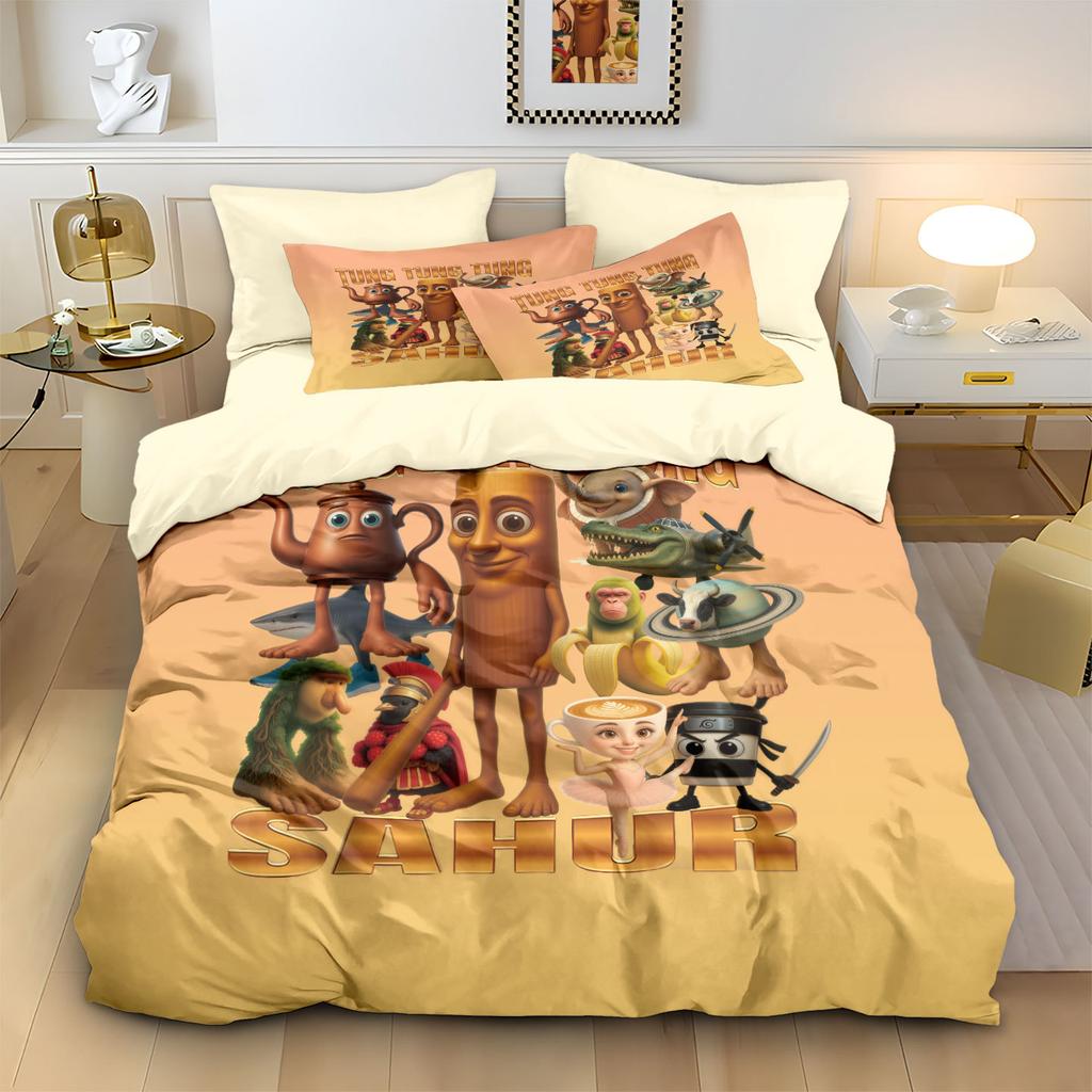 ai Brainrot Tung Tung Sahur Bedding Set Cartoon Bedroom Decoratio Duvet Cover Pillowcase Children and adults holiday gifts