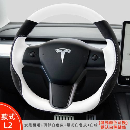 Hand Stitched black white Genuine Leather suede car Steering Wheel Cover For Tesla Model 3 2015-2021 Model Y 2019-2021