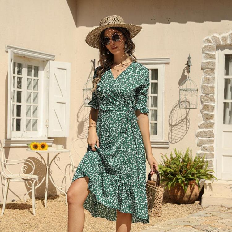 Floral Summer Women A Line Dress V Neck Short Sleeve Ruffled Sexy Beach Sizes Lace Up Split Printed XXL S S зелёный