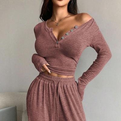 Autumn/Winter Sexy Deep V-Neck Long Sleeve Pocket Pajama Set for Women