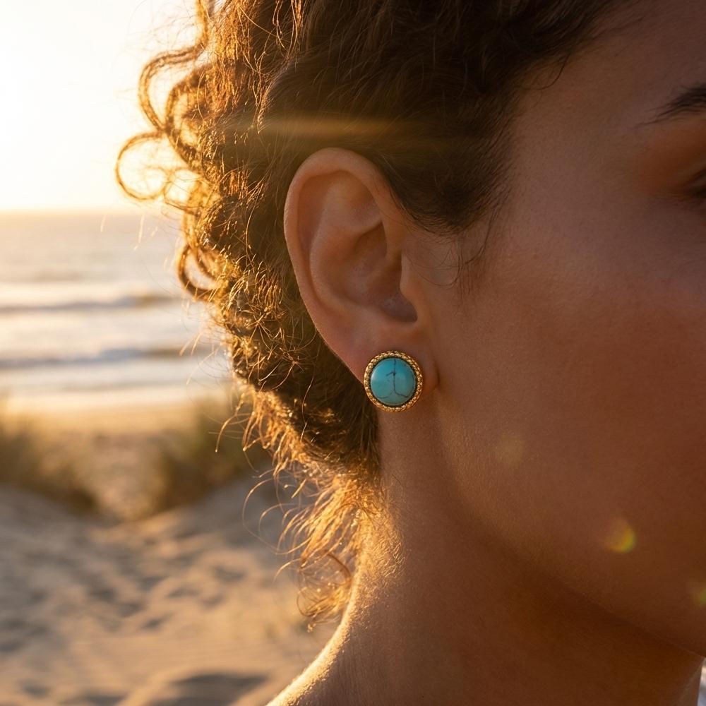 Bohemia Round Turquoise Small Stud Earrings Vintage 18K Gold Color Stainless Steel Jewelry for Women Girl Summer Fashion Gift