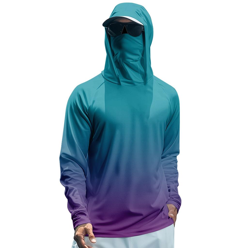 Men's Summer Gradient Color Quick-drying Long-sleeved T-shirt Sun Clothing Fishing Fitness Sports Hooded Long-sleeved Top