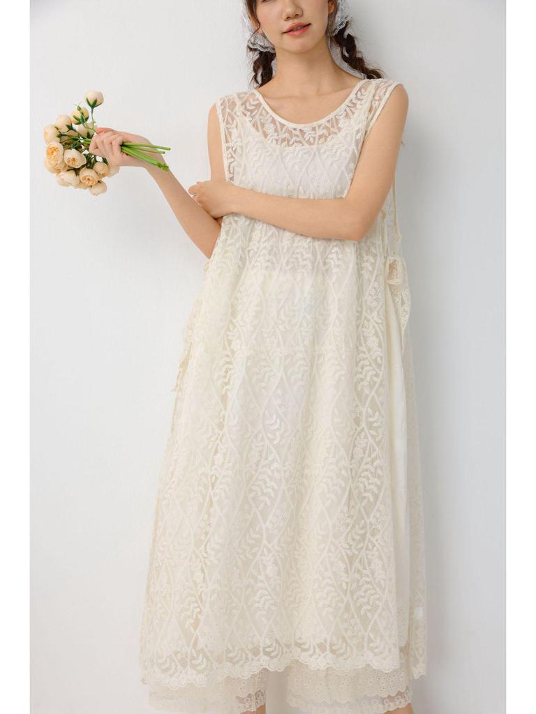 Sweet Mori Girl Embroidered Layered Vest Dress