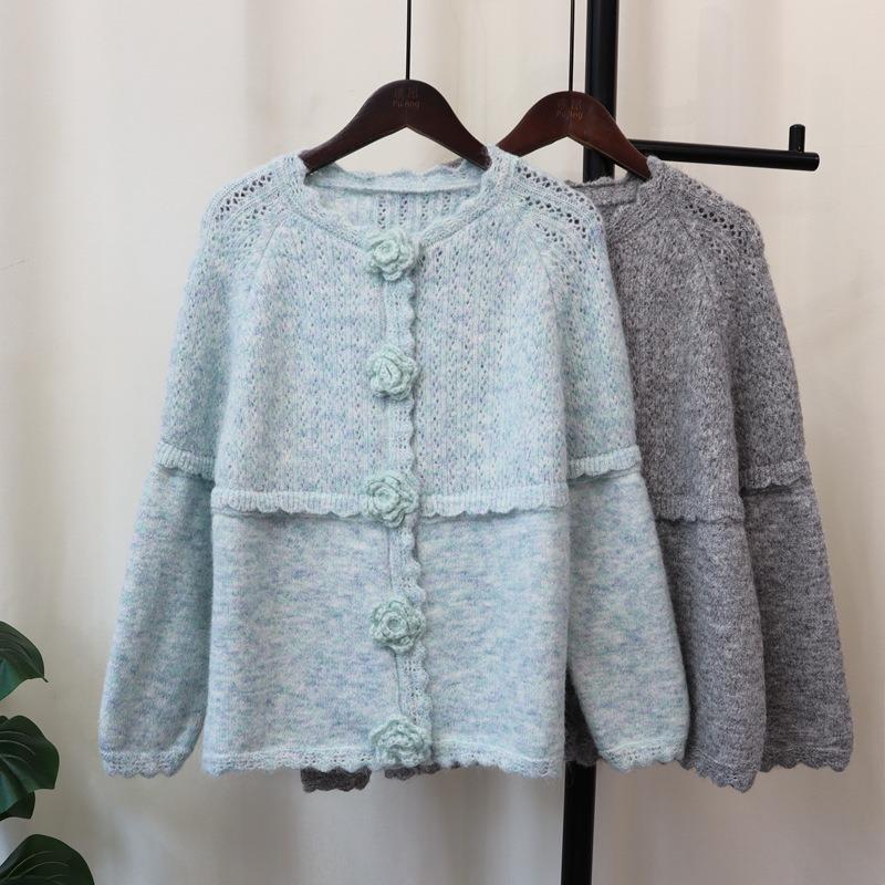 Milk gentle wind knitted cardigan autumn and winter new loose soft waxy flower sweet sweater jacket women