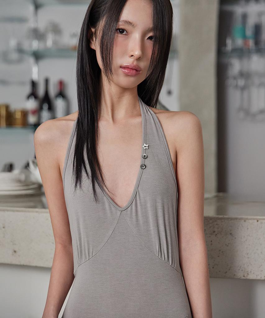 Leondeondada Halter Unbalanced Draped Dress, G.Beige