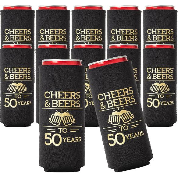 Cheers and Beers to 50 Years Can Coolers, Set of 12 - Black and Gold 50th Birthday Decorations and Party Favors for Men and Women - Cheers to 50 Slim