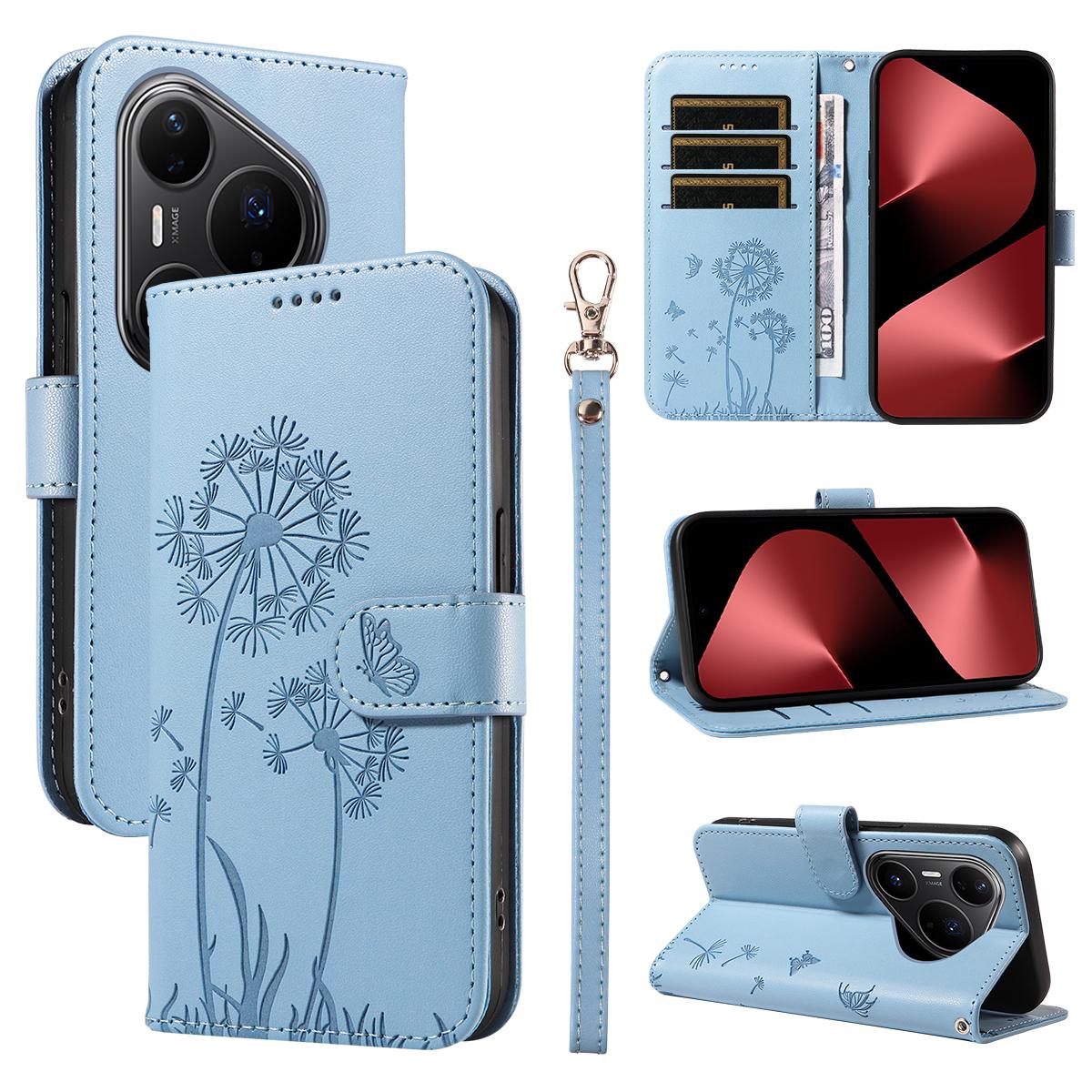 

For Huawei Pura 80 Pro+/Huawei Pura 80 Pro Leather Wallet Case with Strap Dandelion Imprint Phone Stand Cover Sky Blue