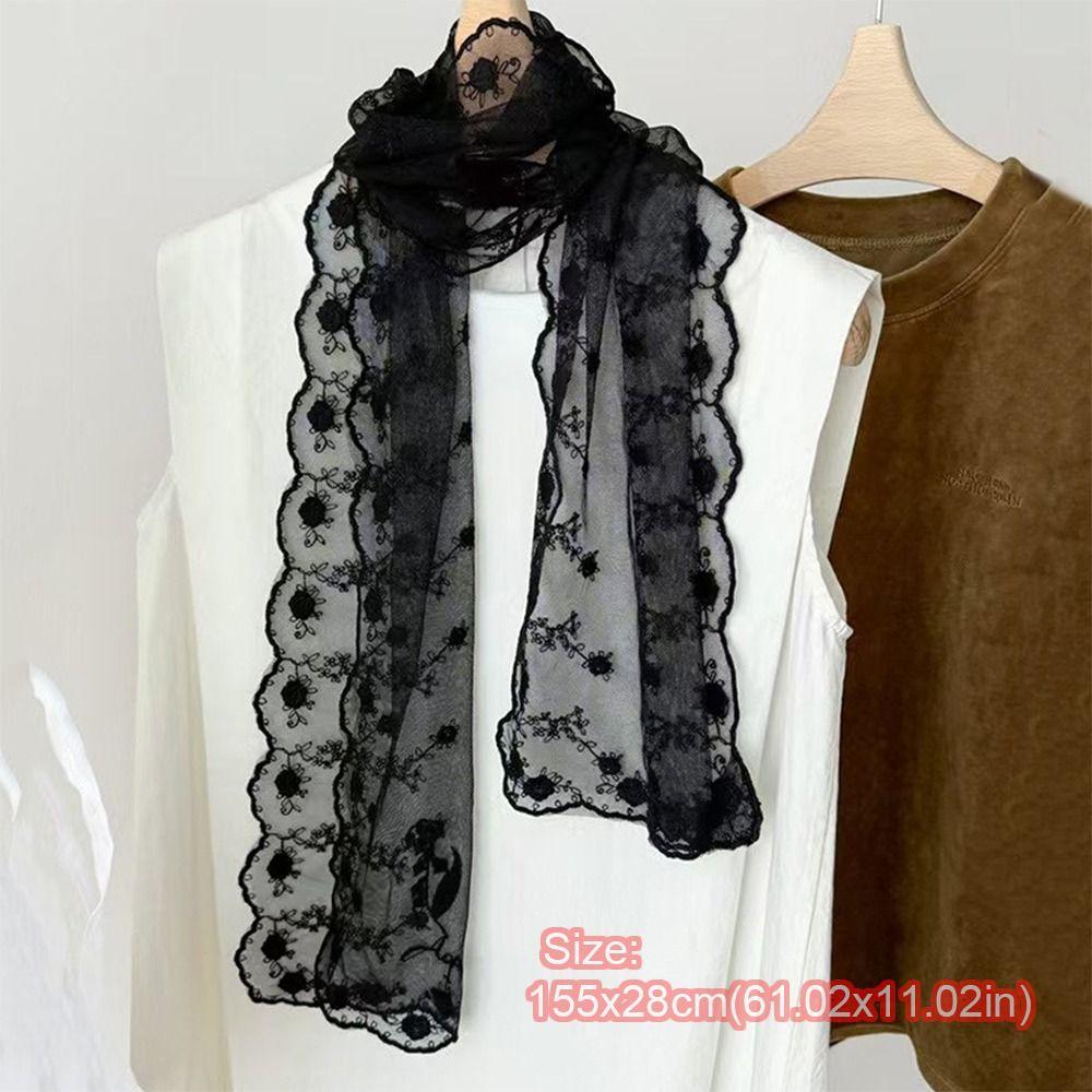 Retro Embroidered Flower Lace Scarf Breathable Mesh Lightweight Female Headscarf Long Sunscreen Shawl Women