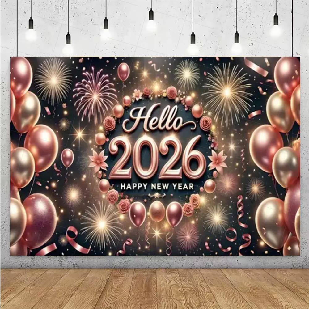Sfondo Scintillante 2026 Felice Anno Nuovo Forniture Nastro Fuochi d'Artificio Palloncino Sfondo Decorazioni Festa di Capodanno Oggetti di Scena per Servizio Fotografico