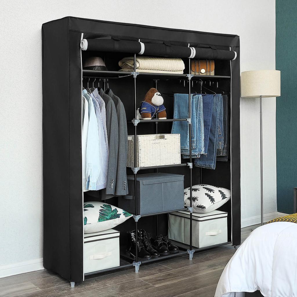 SONGMICS RYG12B Folding Wardrobe, Fabric Cabinet, Foldable Coat Rack with 2 Clothes Rails, 175 x 150 x 45 cm, Black, Canvas