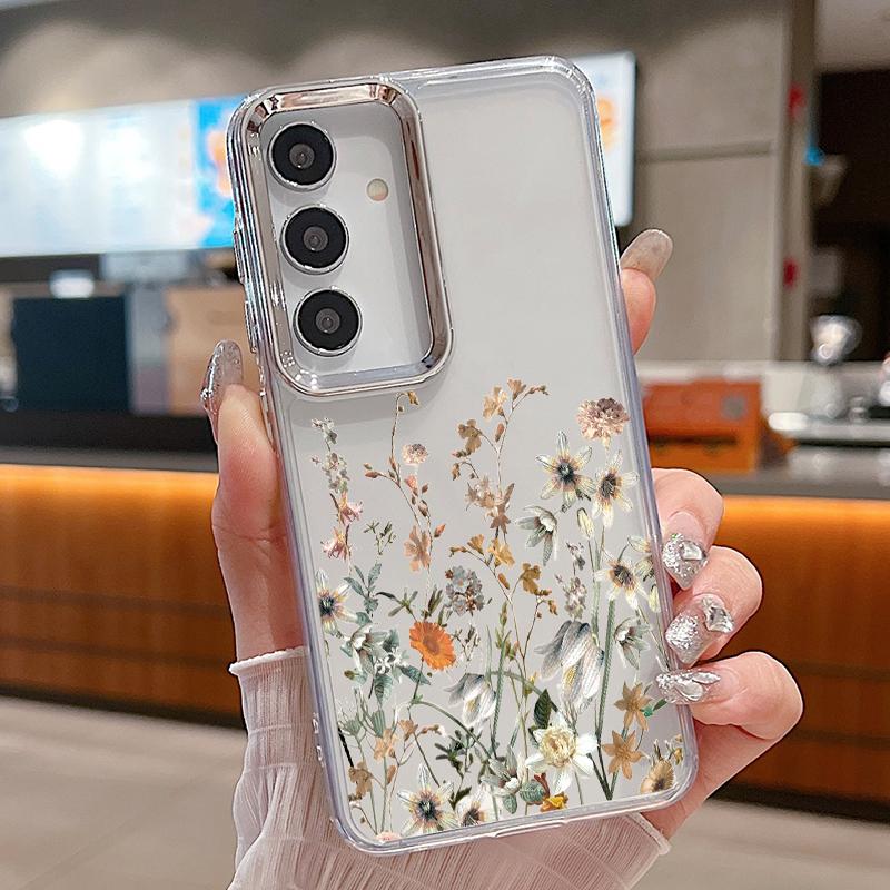 White Flower Pattern Case For Samsung S26 S25 Ultra S24 FE S23 Plus S22 S21 A15 A16 A17 A35 A36 A37 A54 A55 A56 A57 5G Plating Lens Soft Cover