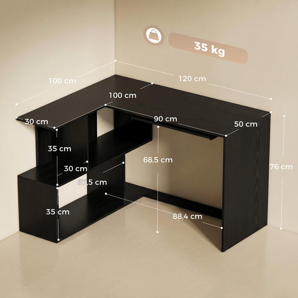 Corner Desk, 120 x 100 x 76 cm, L-Shaped Computer Desk, Keyboard Tray, 4 Open Compartments, Black