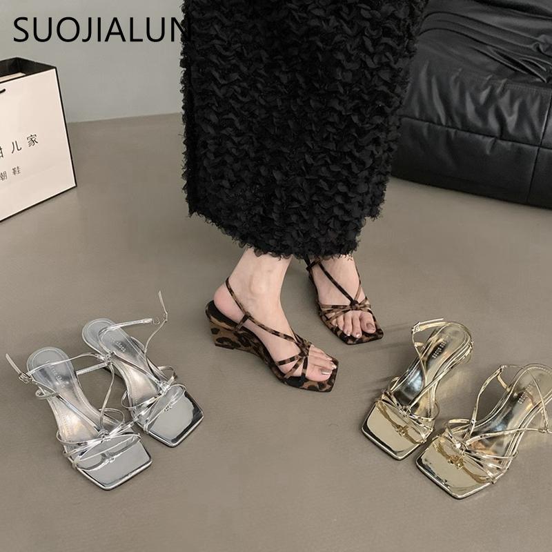 Fashion SUOJIALUN 2025 New Brand Women Sandal Fashion Narrow Band Ladies Gladiator Shoes High Wedge Heel Outdoor Dress Pumps Shoes