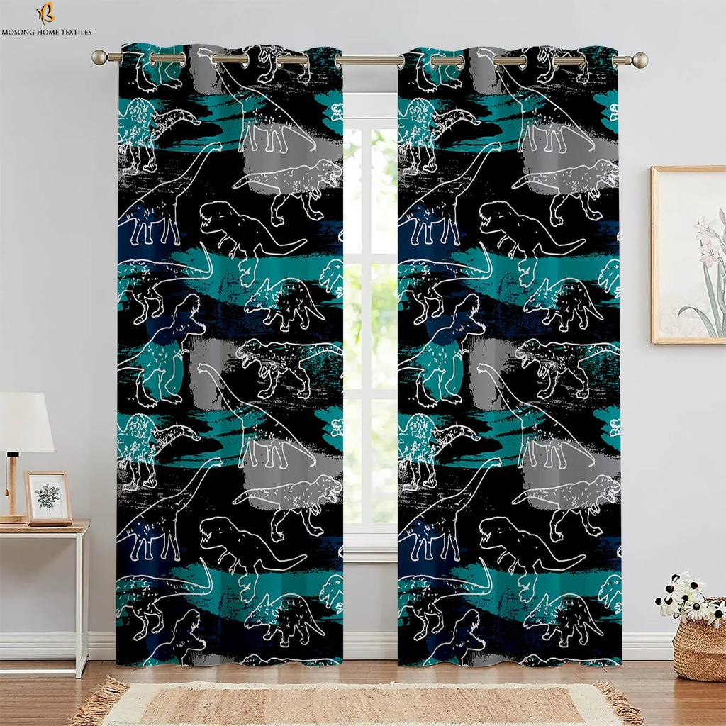 Set Of 2 Black White Dinosaur Cartoon Print Curtains Polyester Bedroom Living Room Kitchen Kids Decorative Curtain For Made