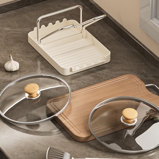 Pot Lid Storage Rack Kitchen Pot Lid Stand with Drain Tray Spoon