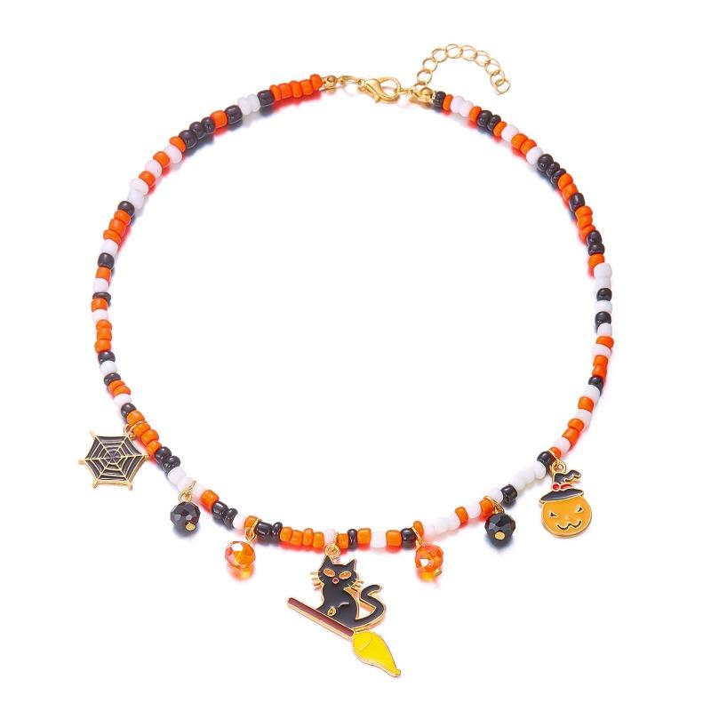 Halloween Necklace Funny Pumpkin Ghost Cat Pendant Horror Contrasting Color Rice Bead String Chain Collarbone Chain