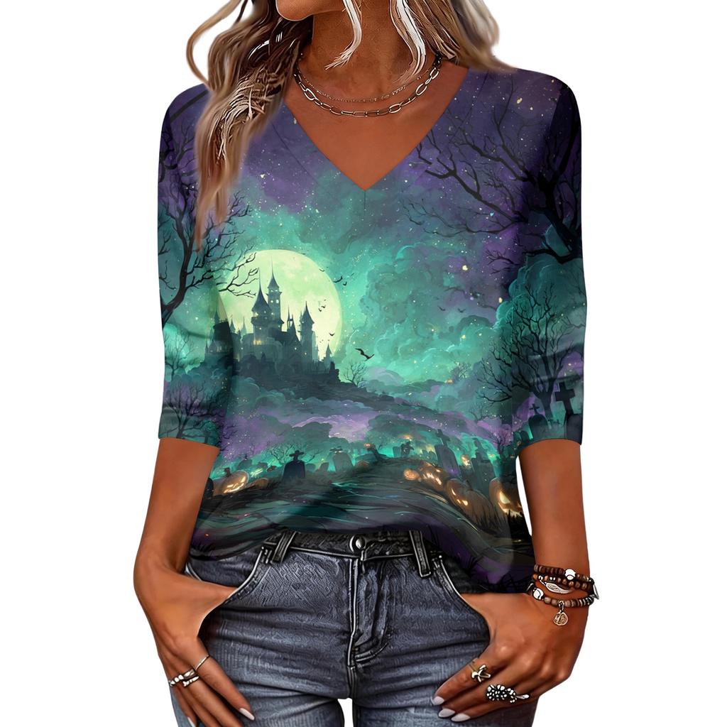 Womens Casual Halloween Printed V Neck Three Quarter Sleeve Top Lightweight Comfortable Fit Stylish Design