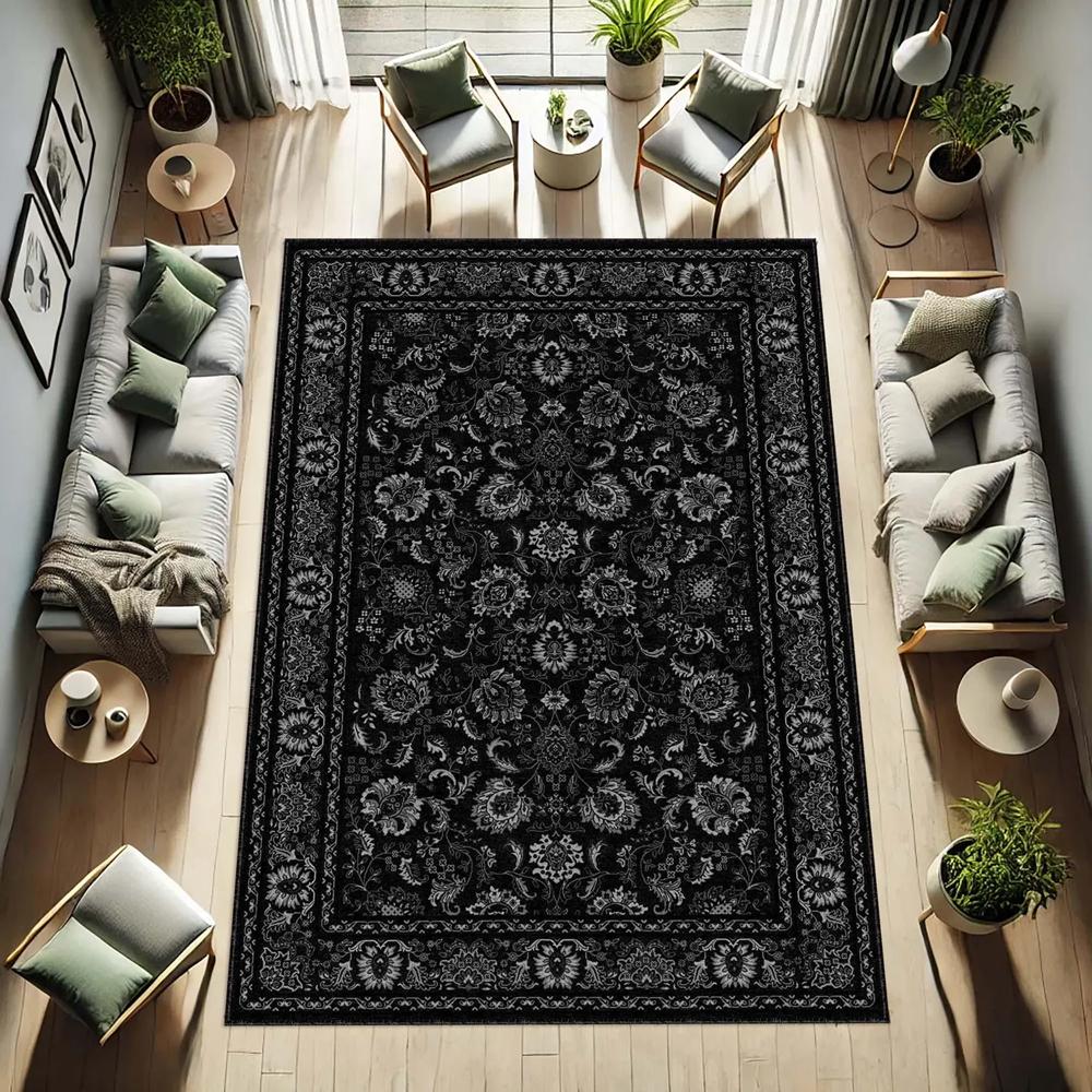 Dark Gothic Celestial Rose Print Area Rug, Ornate Vintage Floor Mat for Living Room Bedroom Kitchen Dorm Office Home Decor
