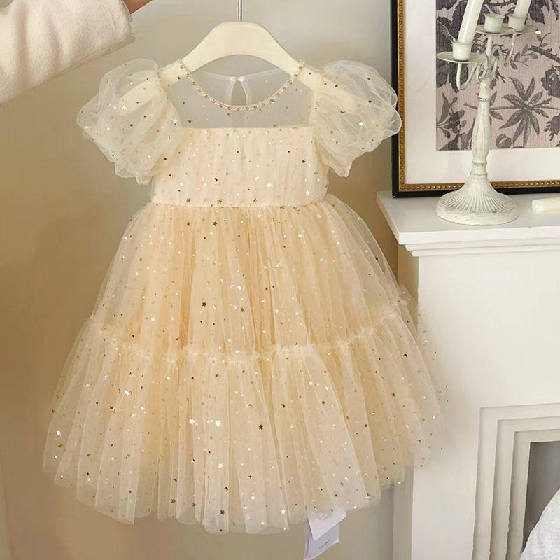 Girls Summer Princess Dress With Puff Sleeves And Premium Tulle Baby Birthday Party Gown For Kids