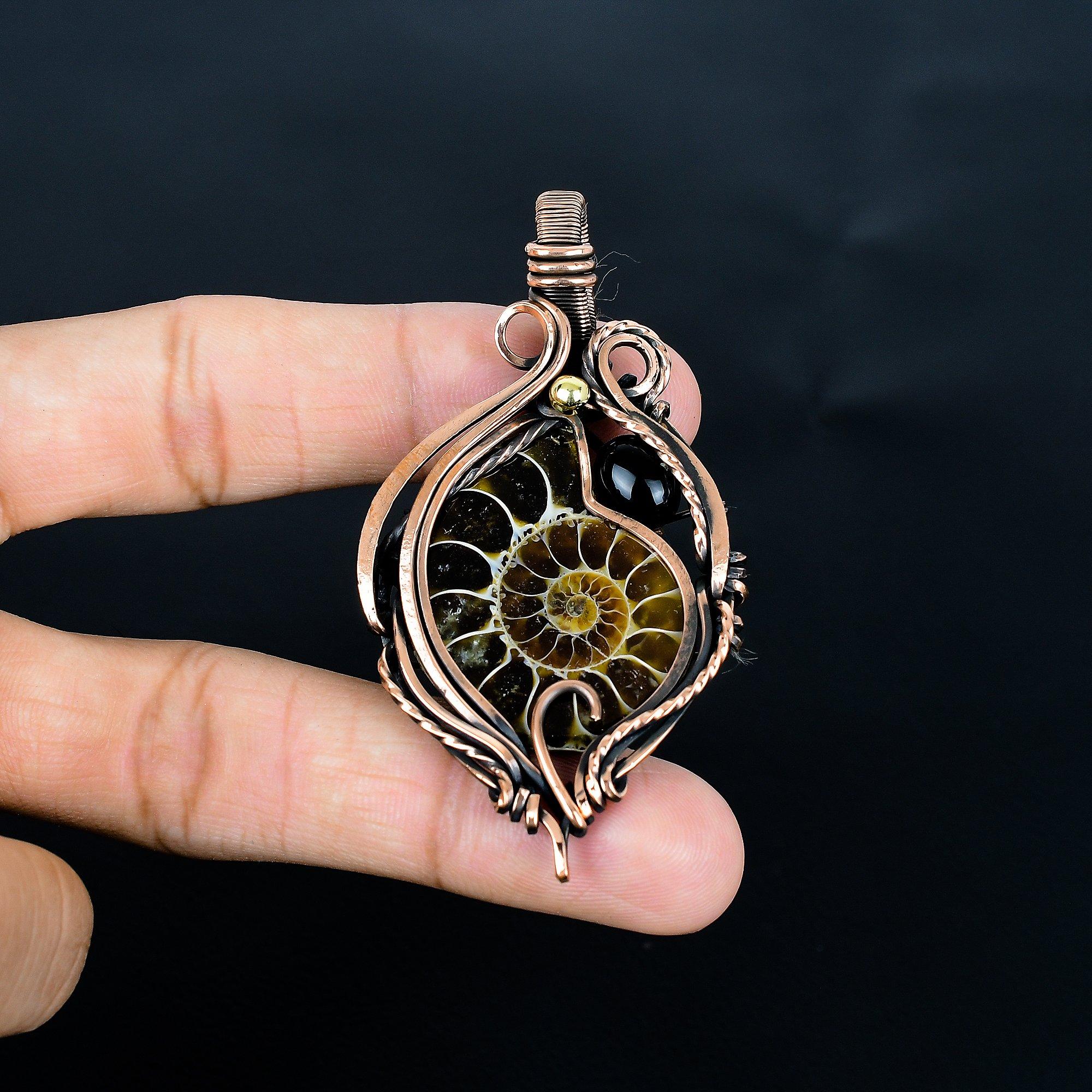 

Ammonite Fossil & Black Onyx 999 Copper Wire Wrapped Pendant, Handmade Gemstone Jewelry Pendant For Memorial Day 2.55 Inches