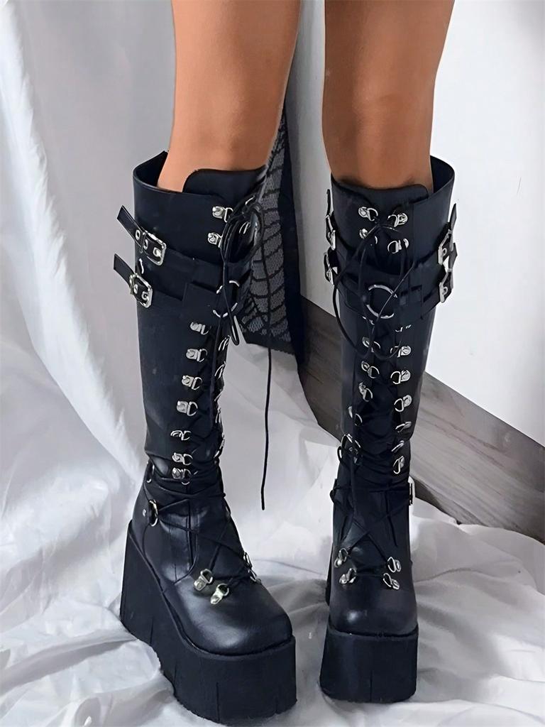 Women Gothic Punk Knee High top Wedges Heel Platform Halloween Motorcycle Luxury Long Booties for Adult Women
