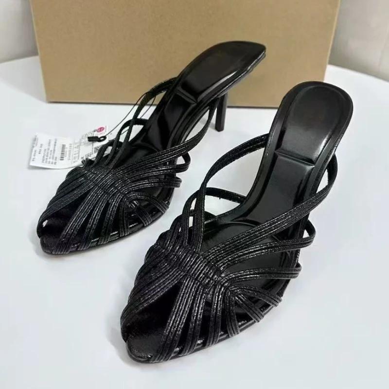 Fashion Fashion Hollow Gold Narrow Band High Heel Slipper Women Elegant Pointy Toe Thin Heel Brand Designer Shoe Sexy Banquet Dress Shoe