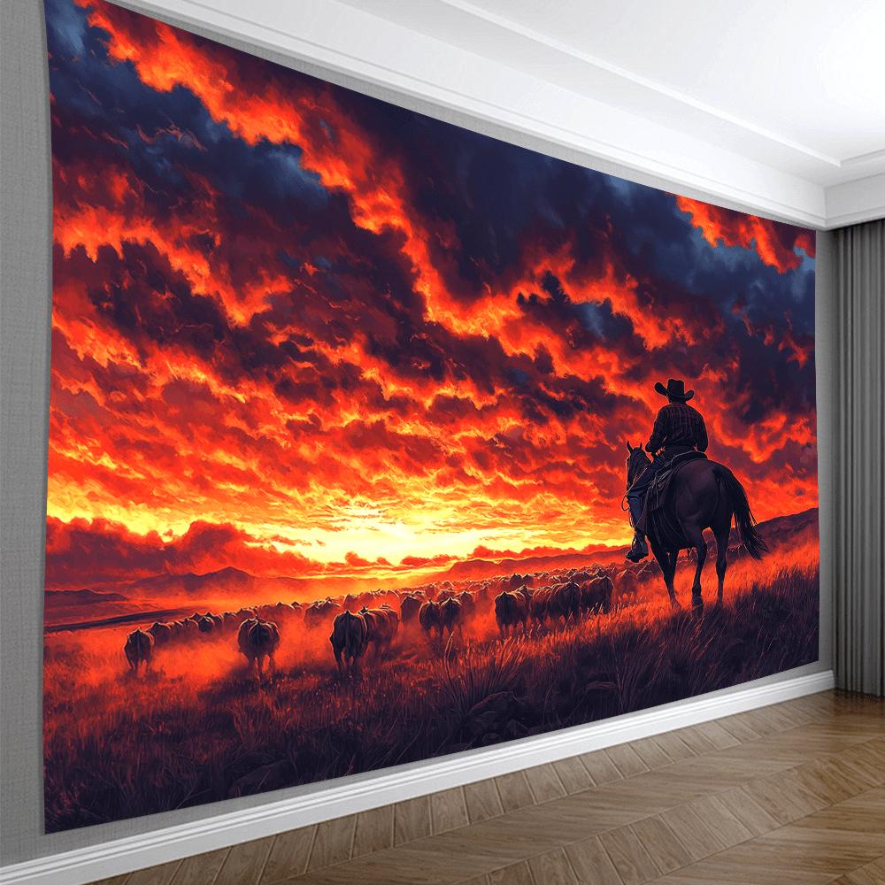 1 Stück 3D Westlicher Cowboy Sonnenuntergang Wandbild - Silhouette eines Cowboys auf einem Pferd mit Schafherde, Lebendiger Oranger & Roter Himmel, Horiz 100X70CM blue