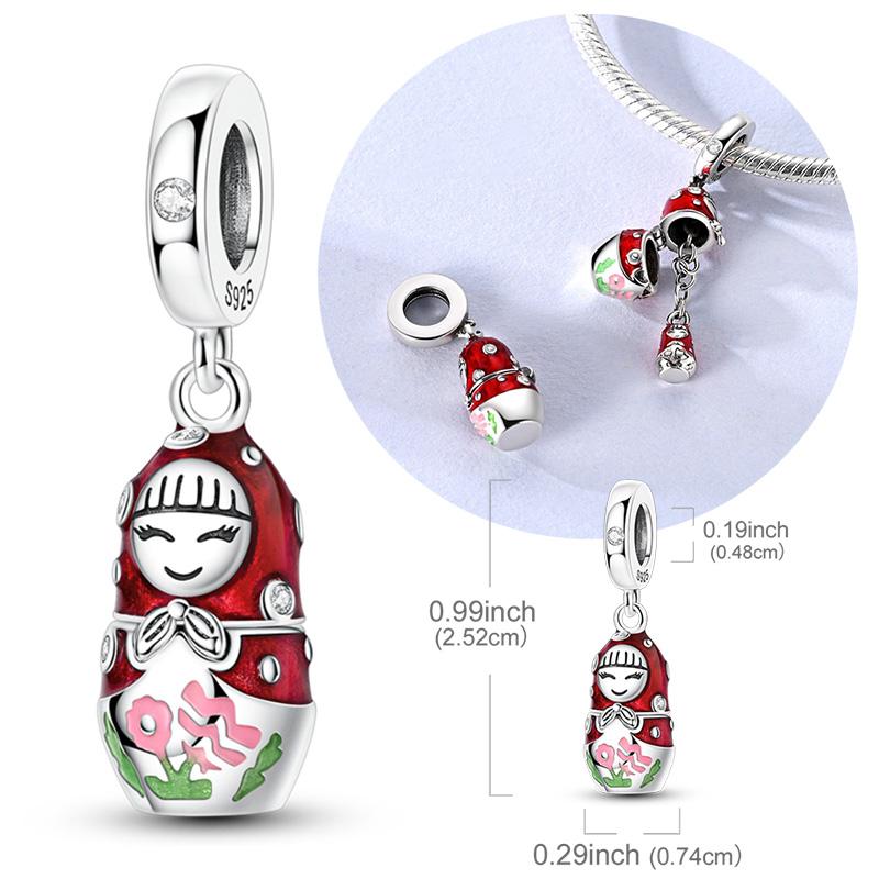 925 Silver Charm Bead Openable Red Russian Nesting Doll Pendant Fit Bracelet Necklace DIY Accessories