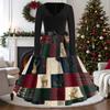 Women's Casual Vintage V-Neck Long Sleeve Dress with Christmas Print