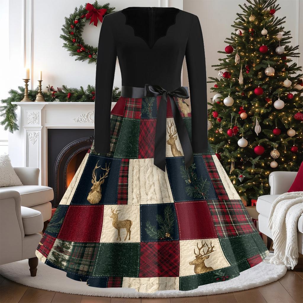 Women's Casual Vintage V-Neck Long Sleeve Dress with Christmas Print