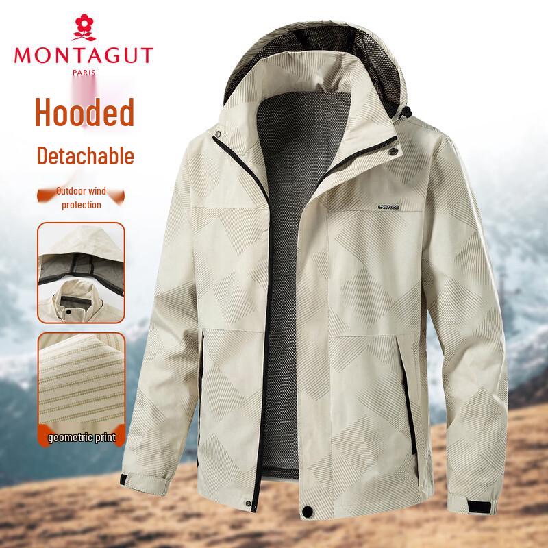 MONTAGUT Men s Detachable Hood Windproof Geometric Print Casual Jacket 2XL