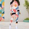 Women Plus Size Cream White Dots Printed Round Neck Long Sleeve Fitted Two Piece Pants Set With Pockets