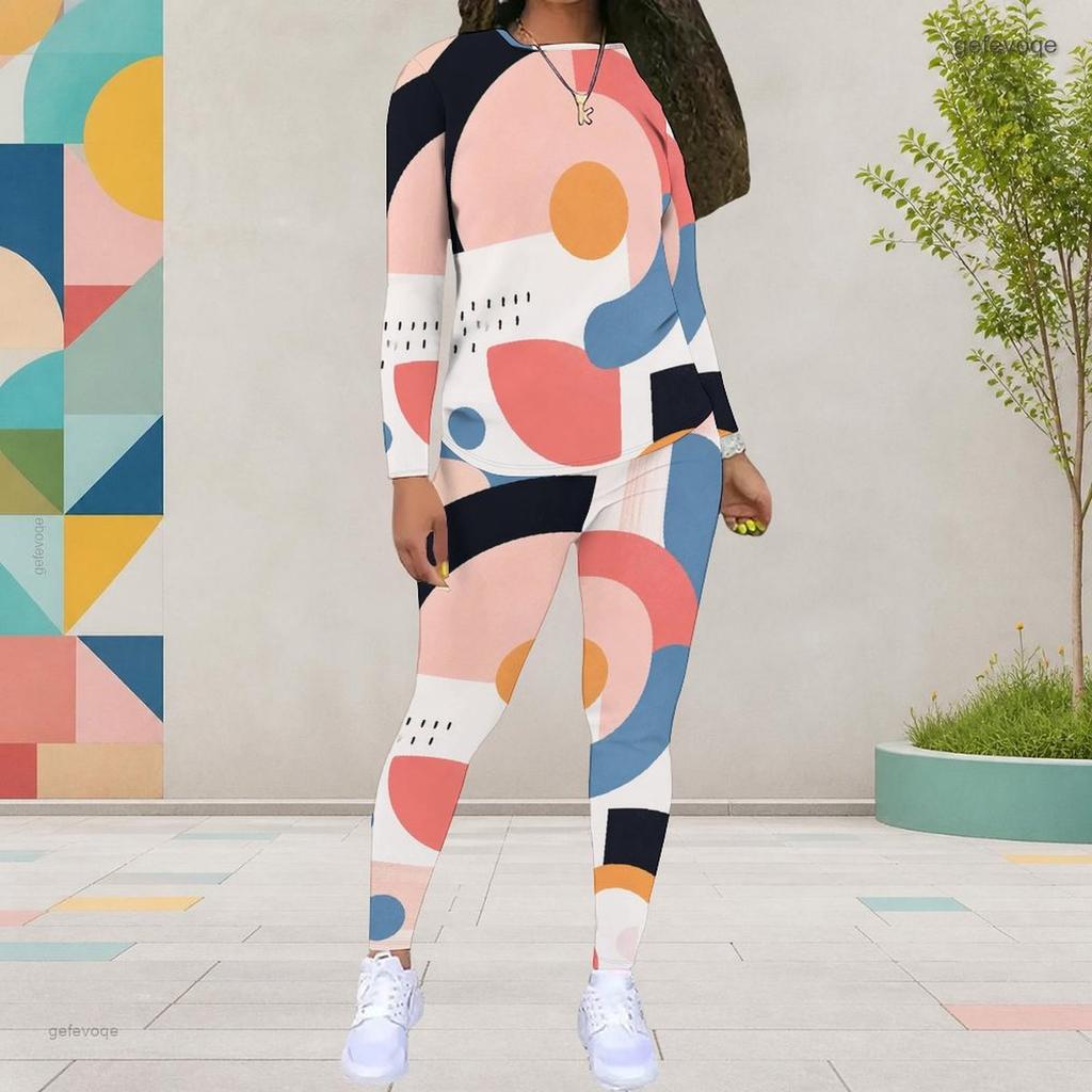 Women Plus Size Cream White Dots Printed Round Neck Long Sleeve Fitted Two Piece Pants Set With Pockets