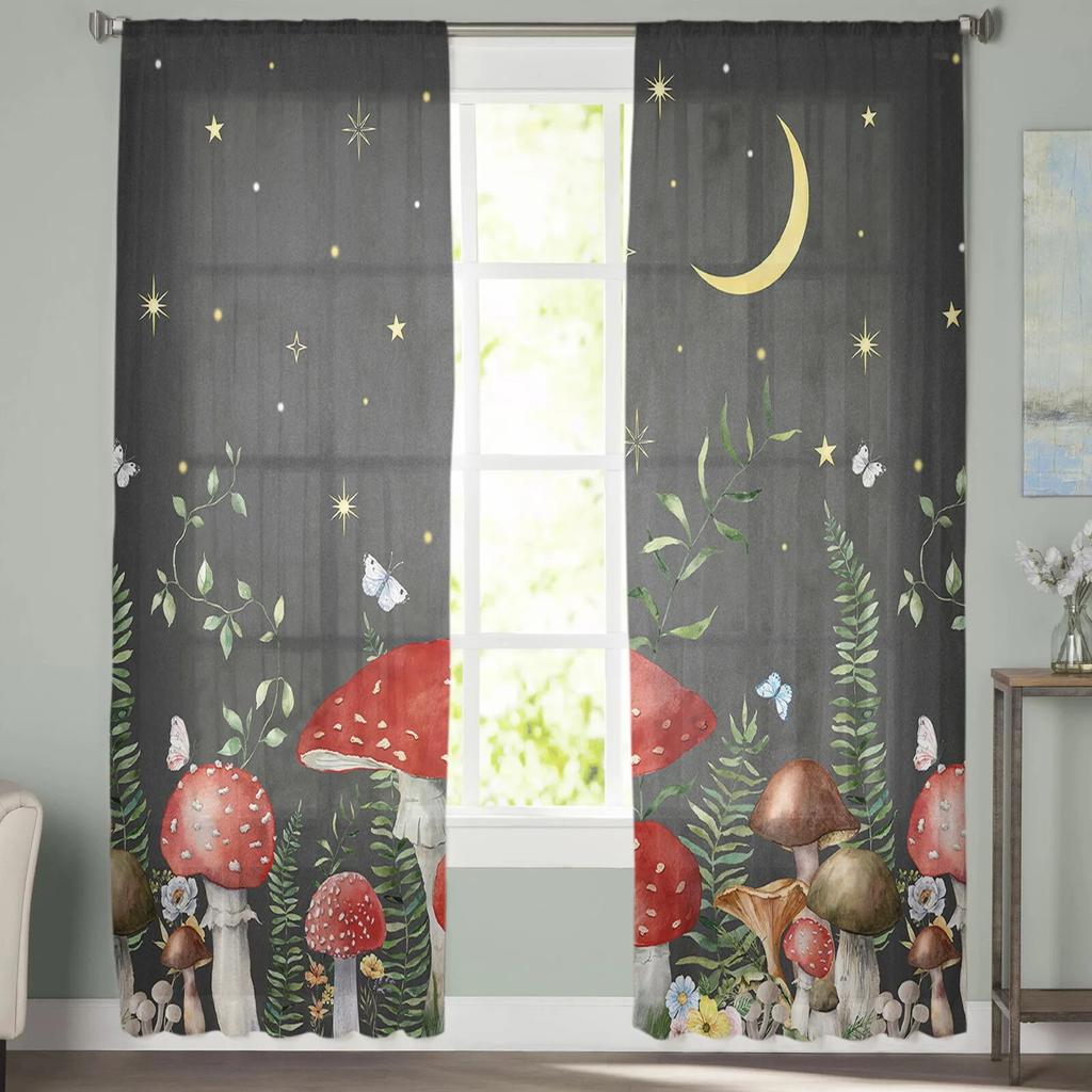 Shiitake Mushroom Flower Moon Bedroom Transparent Sheer Curtains Holiday Decoration Window Voile Tulle Curtain
