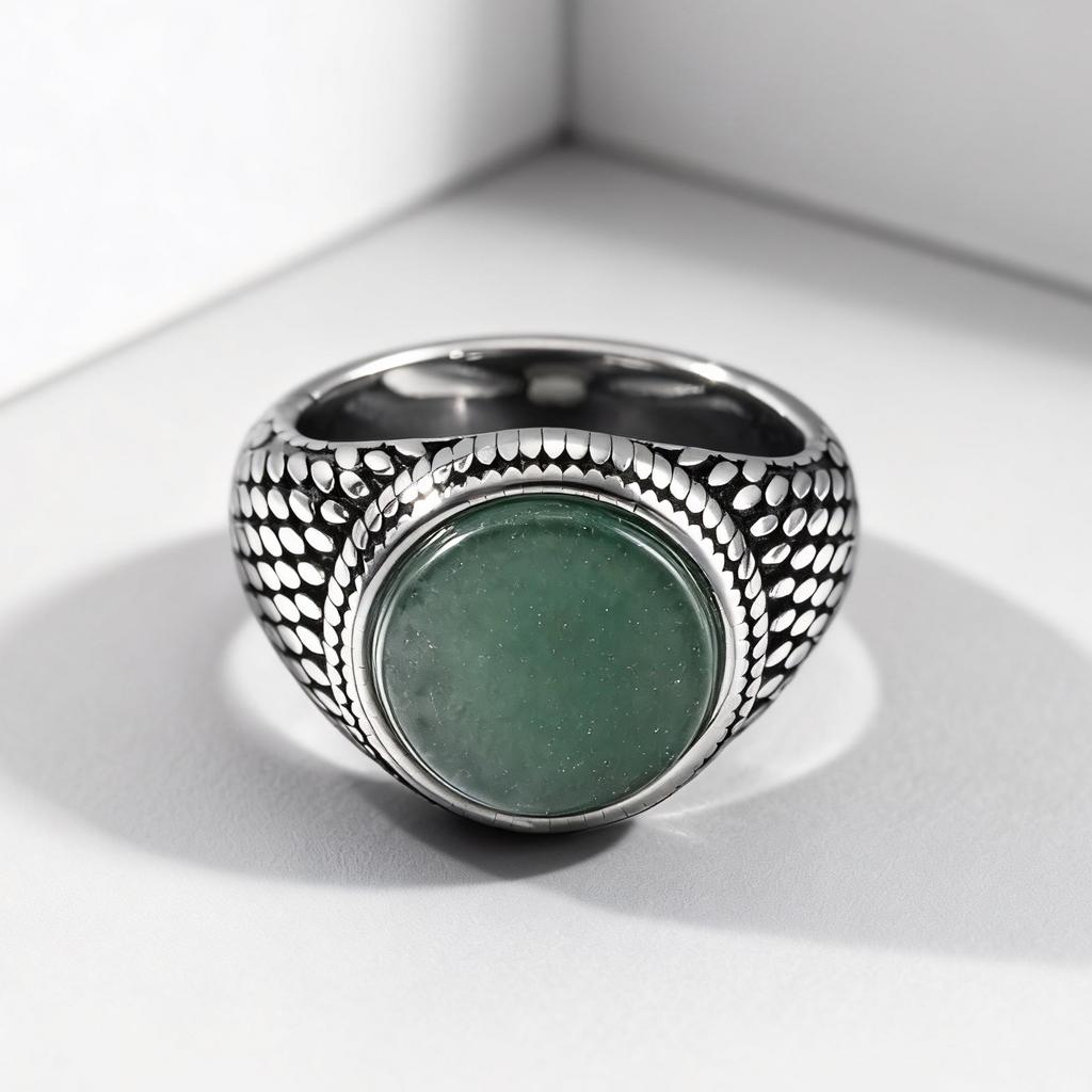 Green Dongling Stone Ring for Men,Vintage Stainless Steel Natural Stone Signet Ring,Punk Round Ring Gift