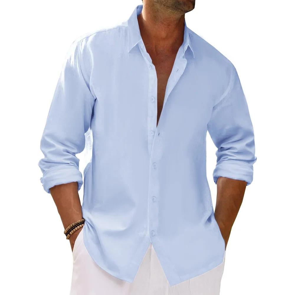 

Чоловічі весняно-літні сорочки з довгим рукавом, бавовна, льон, повсякденний вільний крій, однотонні, для щоденного носіння, з лацканами, на одному ґудзику XXL небо синє кольору