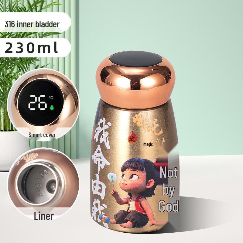 Nezha Portable Insulated Water Cup with Temperature Display - Black & Gold 316 Stainless Steel 230ml